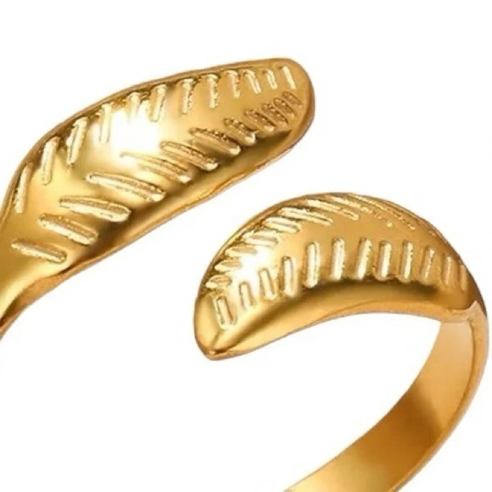 Gold Tone Leaf Wrap Ring Adjustable Open Design Stainless Steel Jewelry